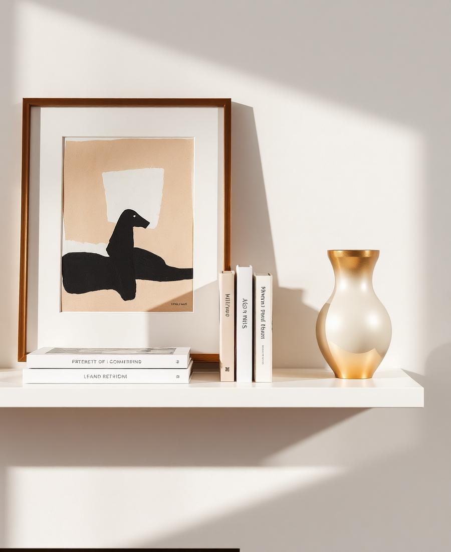Framed art, books and a brass vase styled on a shelf by an interior decor designer