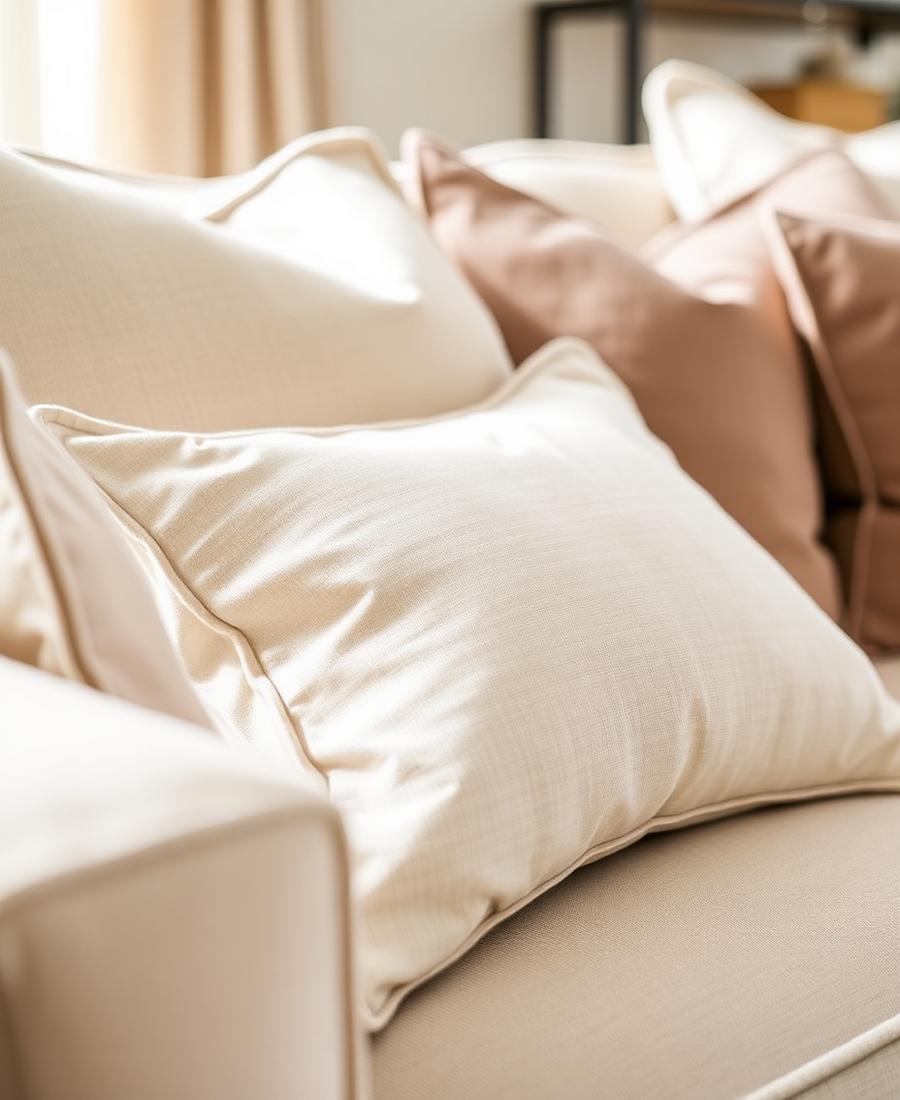 Layered ivory linen cushions on a sofa styled by a San Diego interior decor designer