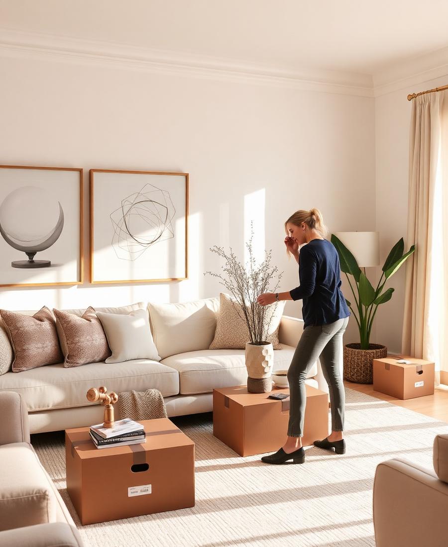 Designer placing final accessories during install day of a San Diego interior decor project