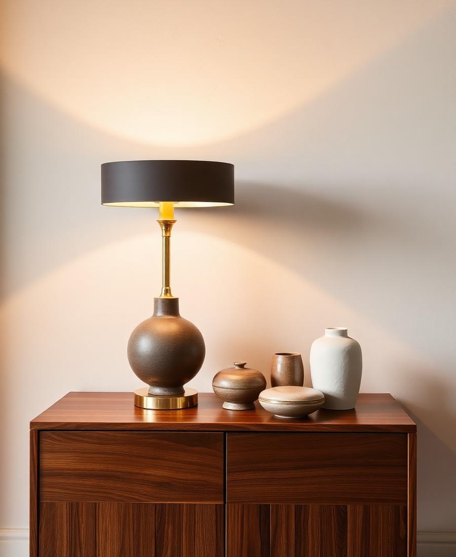 Brass table lamp and ceramic accessories on a walnut console in a San Diego home