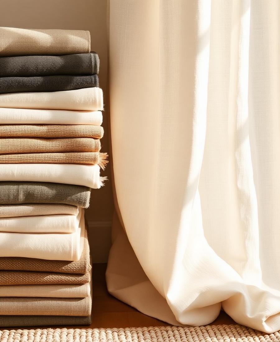 Greige fabric swatches, wool rug and linen drapery for a San Diego room styling project