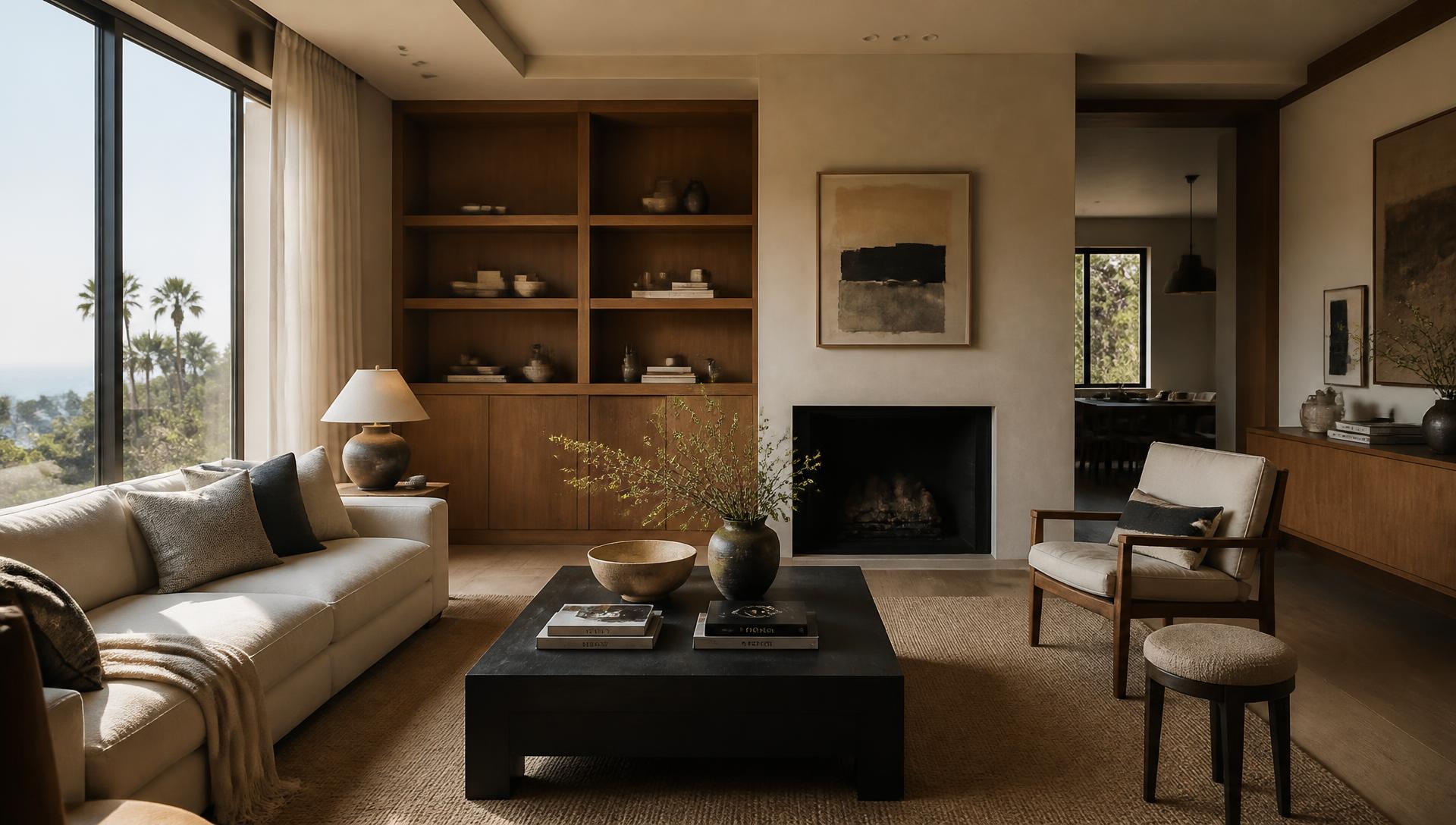 San Diego interior design living room with oak millwork, plaster walls and a linen sofa