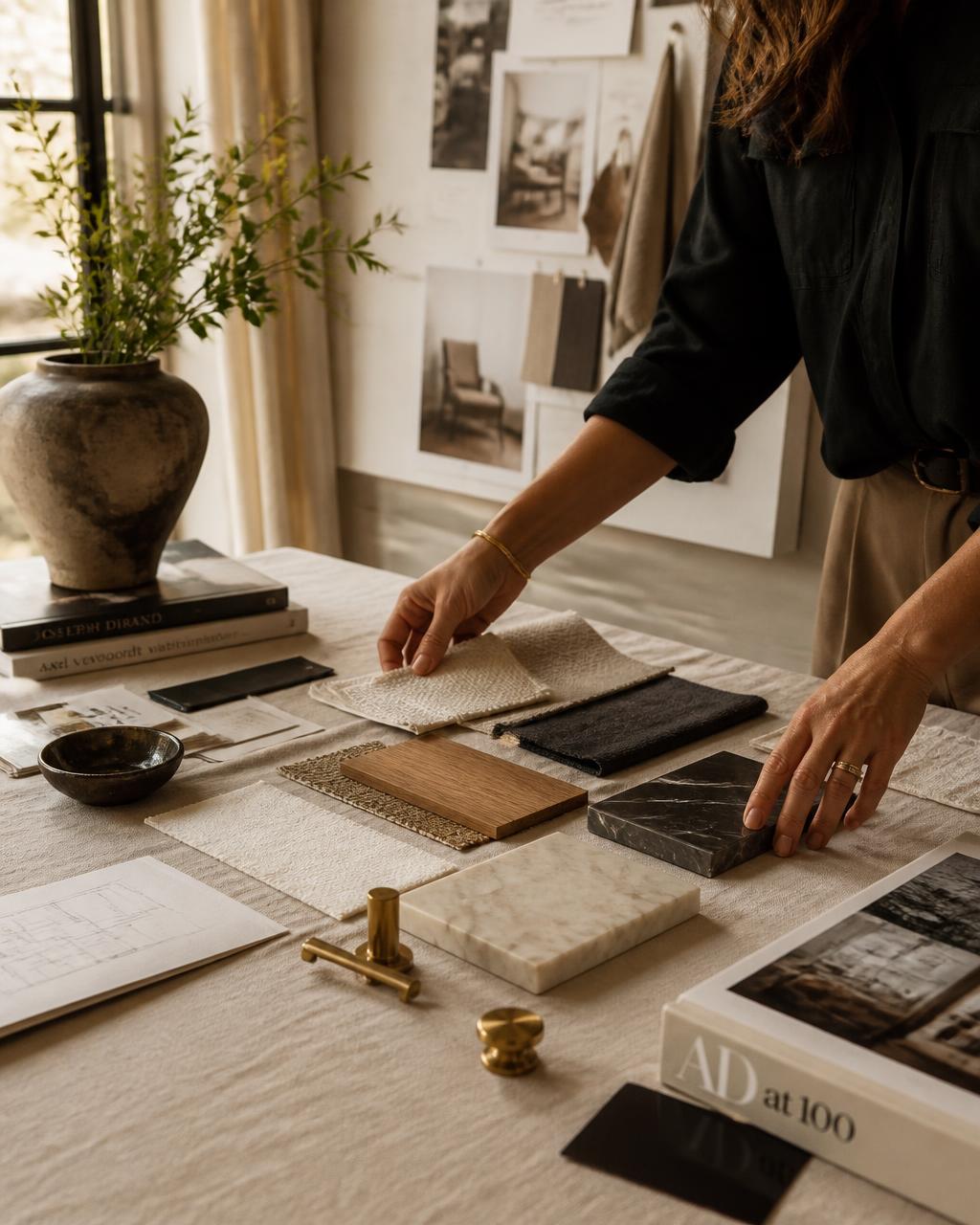 Snyder Atelier designer selecting fabric, stone and brass finishes for a San Diego whole home remodel